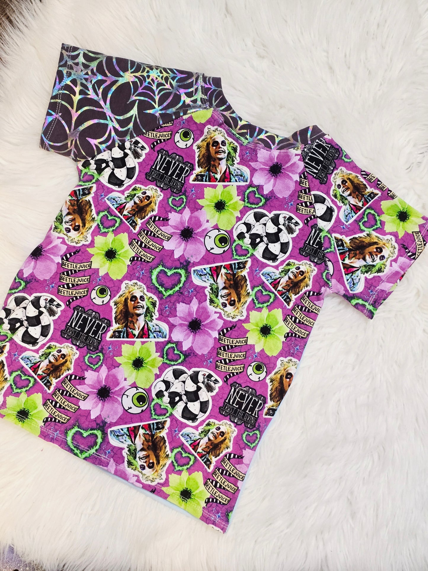 Size 6 short sleeve fabric back raglan upcycle
